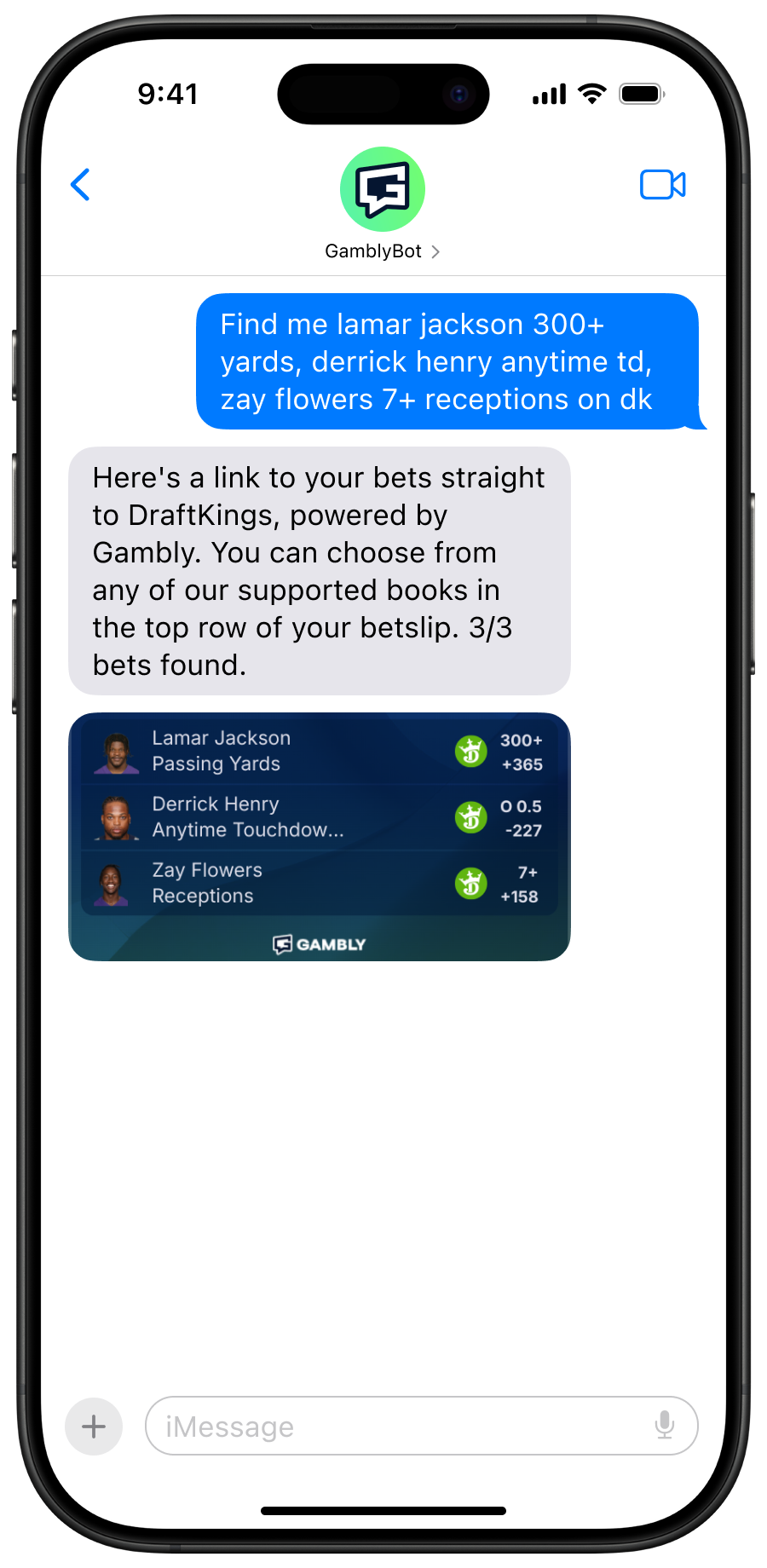 GamblyBot iMessage conversation screenshot