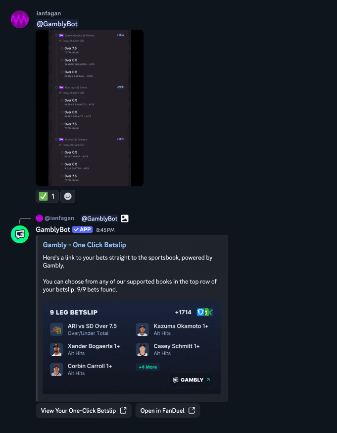 Discord conversation showing a betslip image sent to GamblyBot and a one-click betslip response
