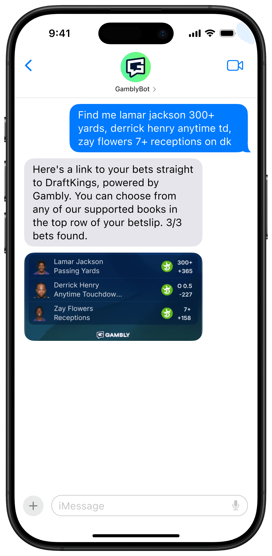 Using GamblyBot on iMessage